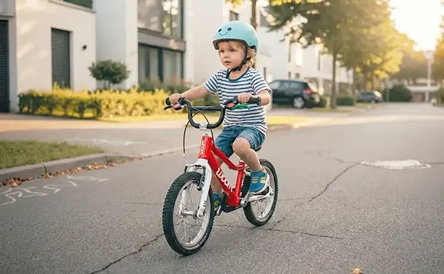 Kind fährt mit Helm auf einem roten woom-Fahrrad durch eine ruhige Wohnstraße. Bild steht für Kinderfahrräder, sichere Mobilität und selbstständiges Radfahren im Alltag.