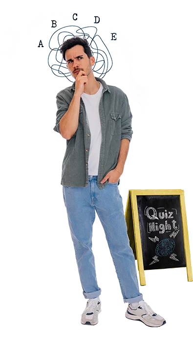 Jakob Schinagl, MSc (WU) denkt konzentriert nach, mit einem Finger am Kinn, im Hintergrund ein gezeichneter Denkprozess und ein Schild mit ‚Quiz Night‘ – neugierig, klug und immer für ein Rätsel zu haben.